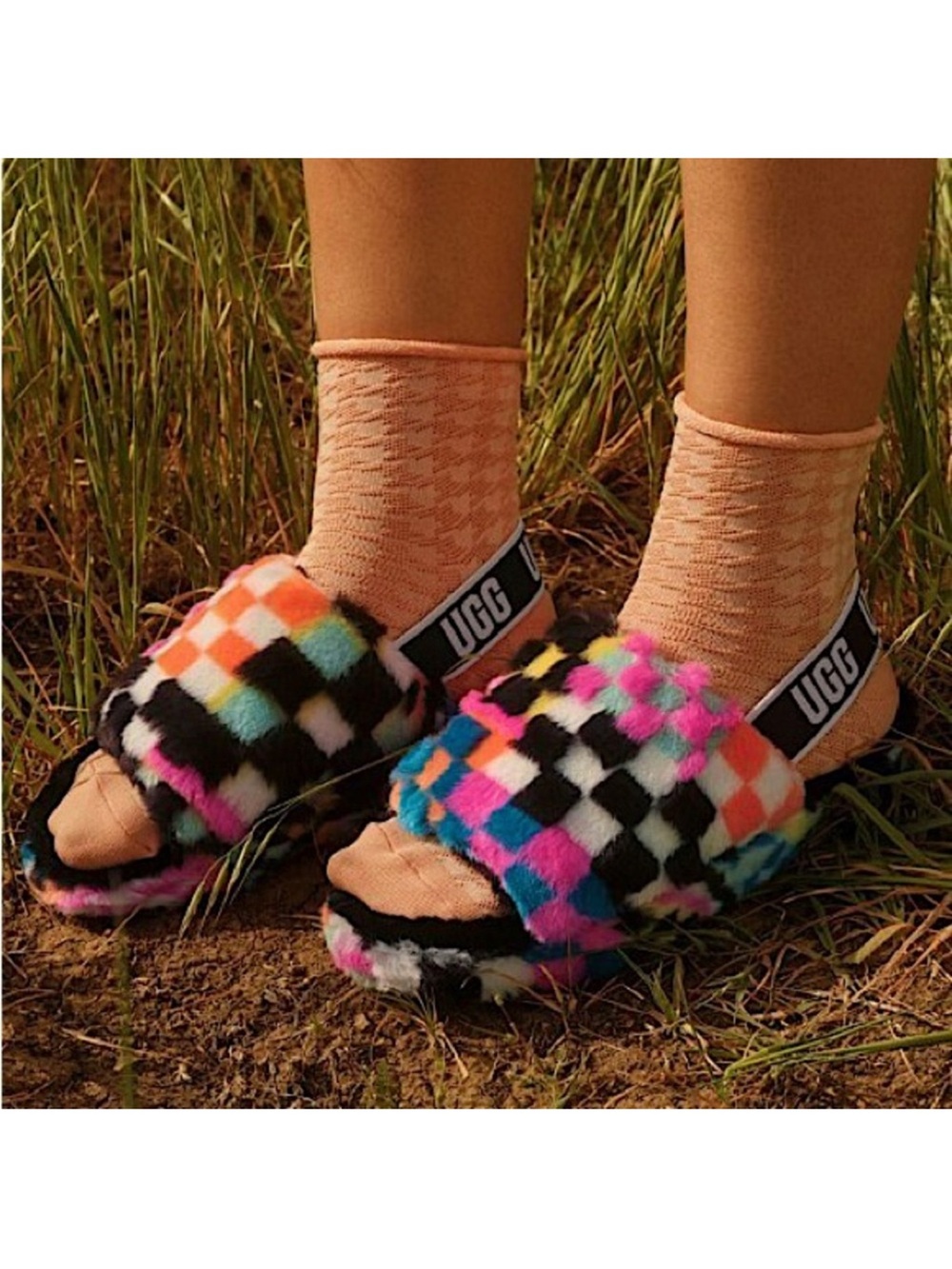 UGG Fluff Yeah Checkered Multi Color Slides Size US 10